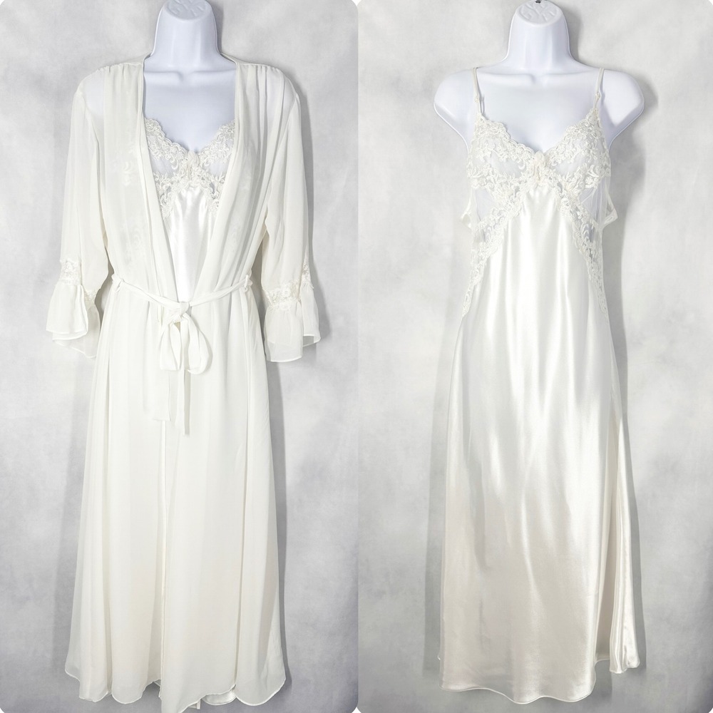 Belle Nuit White Bridal Long Robe & Slip Dress Chemise Set Women's Size Medium